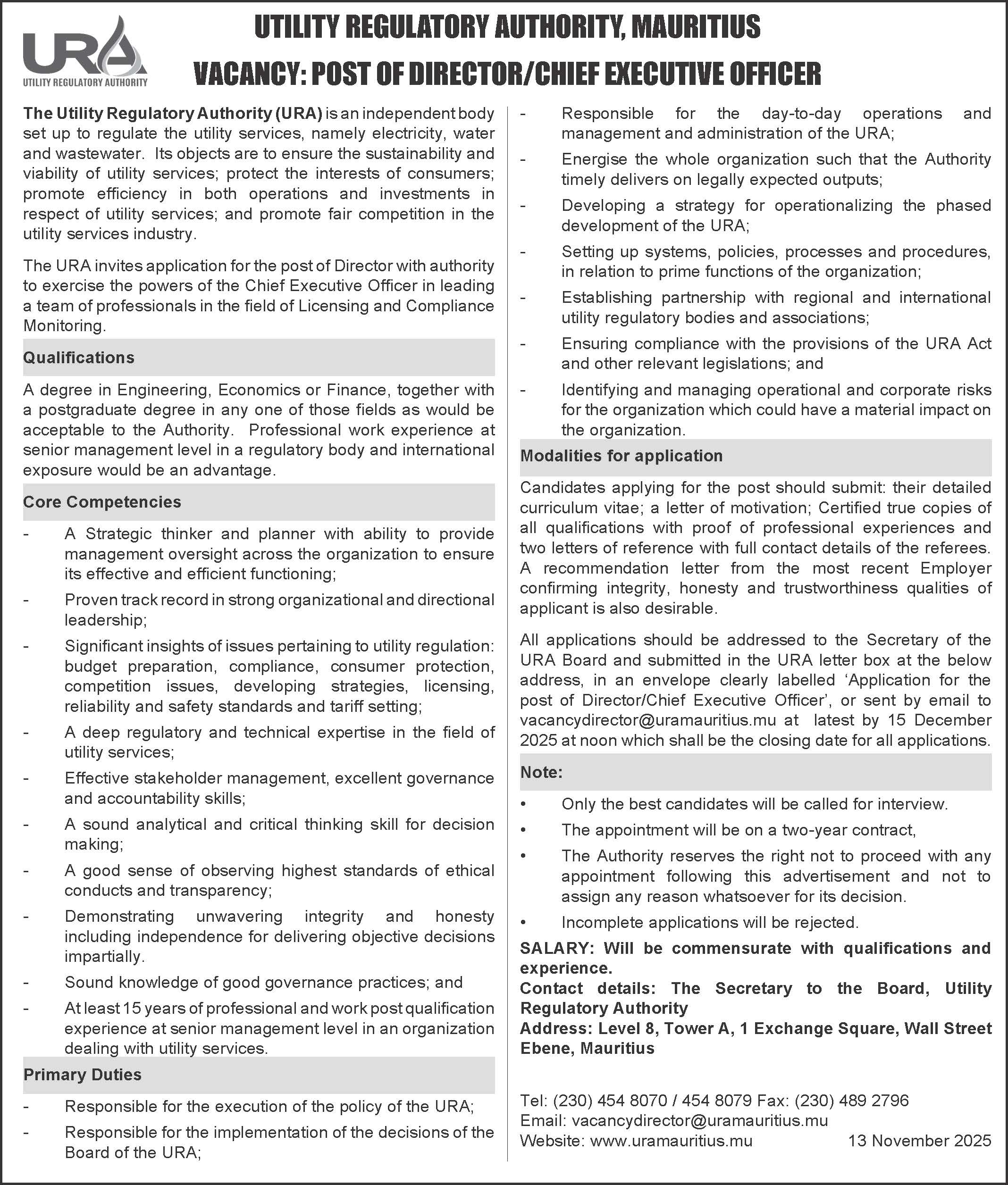 Vacancy Available: Director/Chief Executive Officer – Utility Regulatory Authority – Mauritius